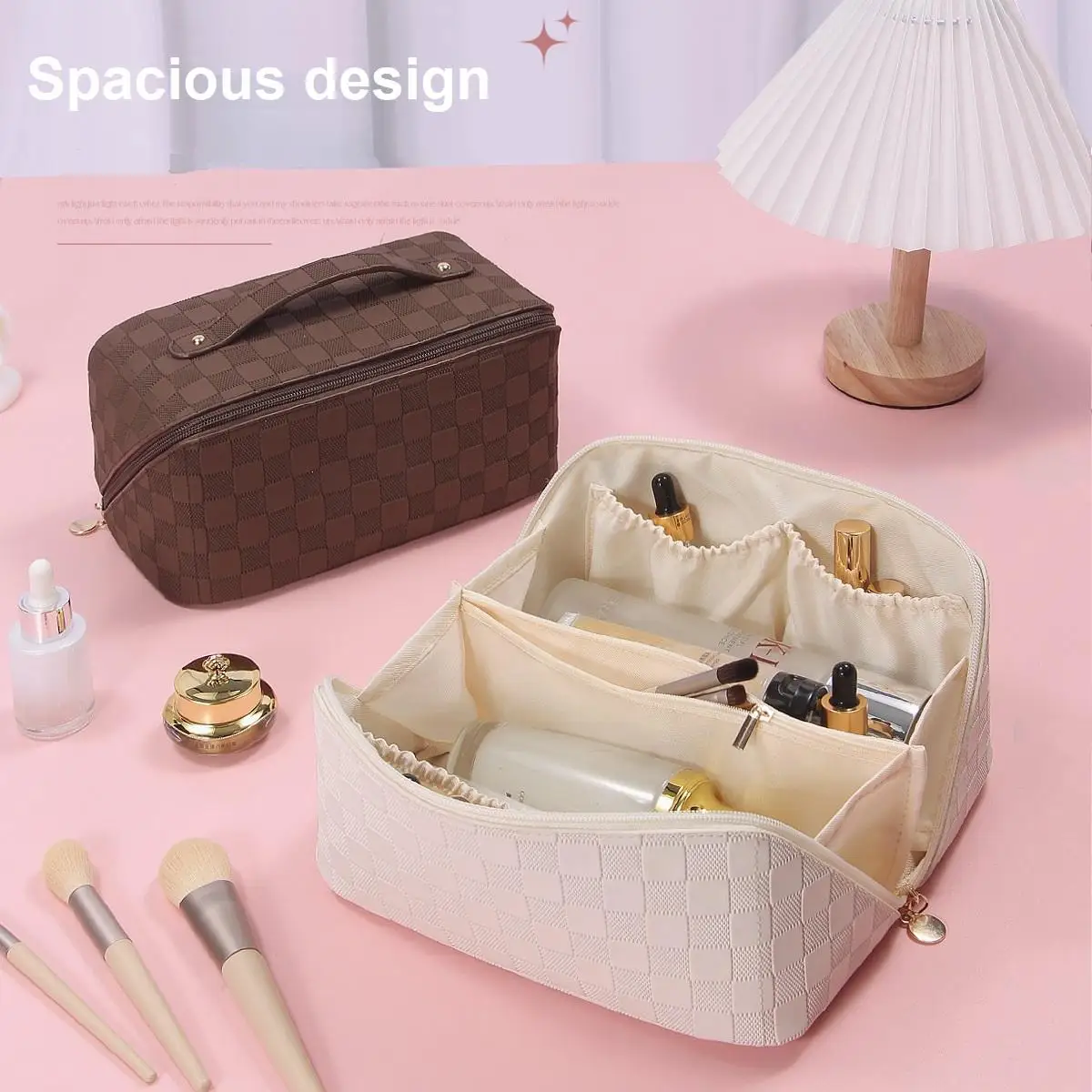 

Travel Makeup Bag Large Capacity Women PU Cosmetic Organizer Waterproof Portable Open Flat Toiletry Bag