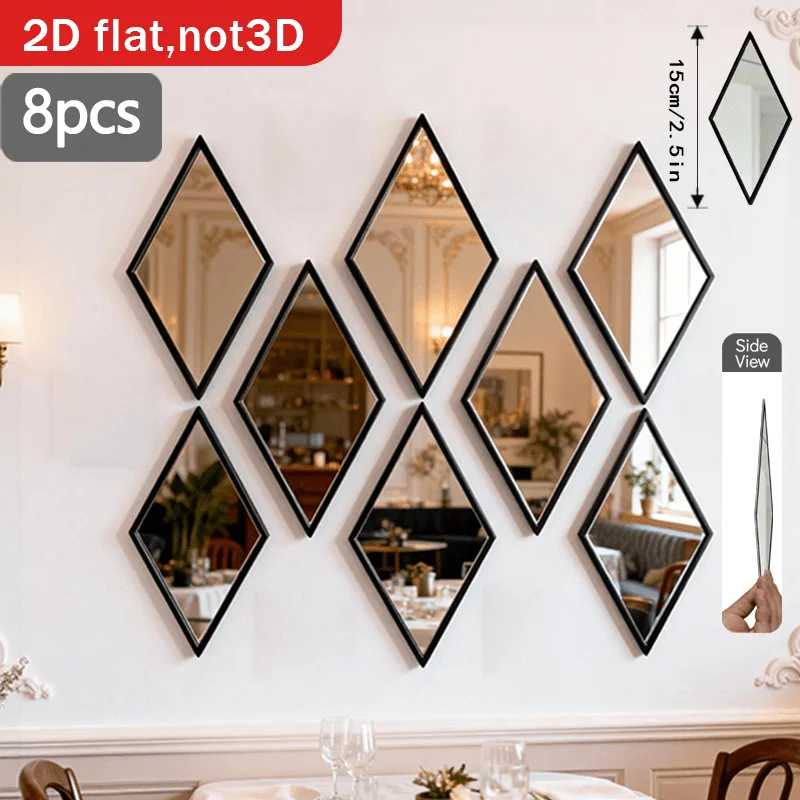 8 Espejos Decorativos Geométricos Rómbicos para Montar en la Pared, Espejos de Pared con Forma Artística, Decoración de Pared para Sala de Estar, Dormitorios