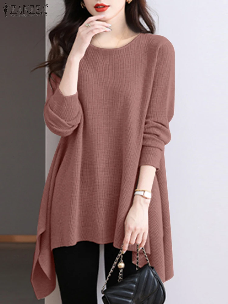 ZANZEA 2025 الخريف الحياكة تي شيرت المرأة كم طويل تيز بلون Blusas بلوزات فضفاضة غير رسمية غير النظامية هيم محبوك الستر