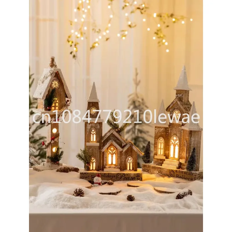 Christmas decoration Nordic retro wooden hut LED warm light desktop ornament atmosphere decoration snow house gift