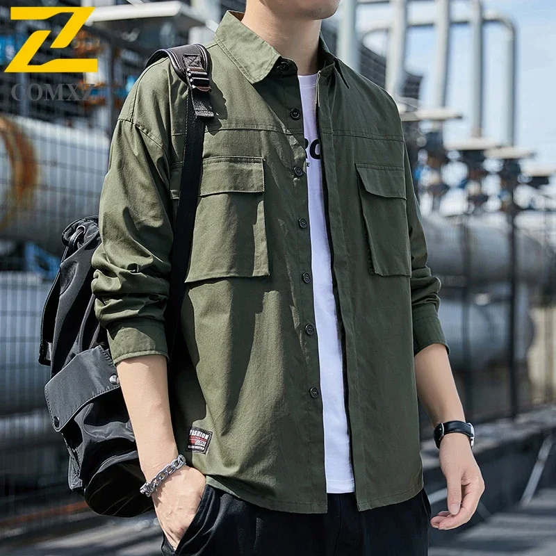 Spring Men's Shirt Retro Solid Color Outdoor Sports Mountaineering Lapel Cardigan Long Sleeved Minimalist Street Men's Clothing