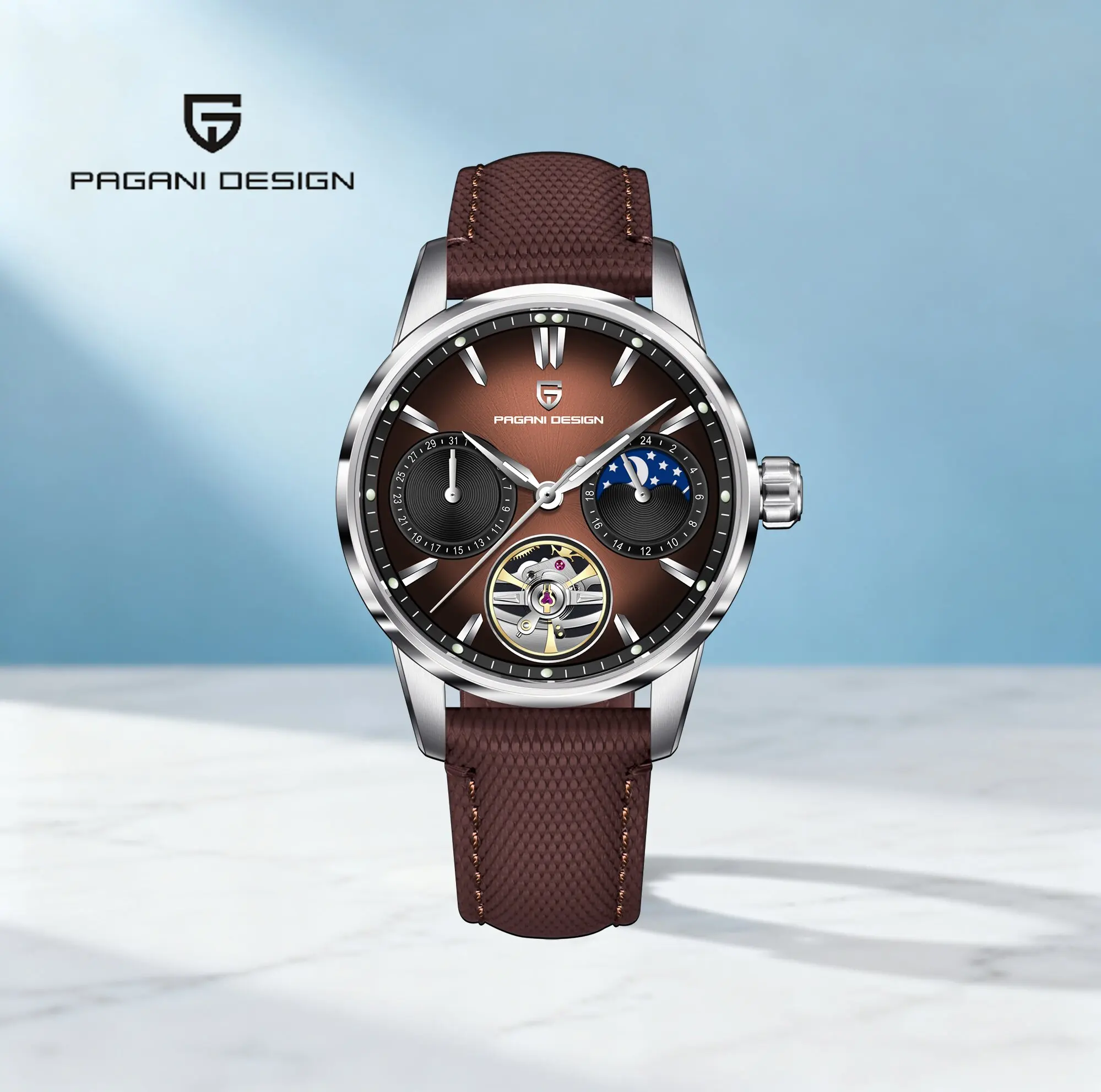 

PAGANI DESIGN 2025 Men's Automatic Mechanical Watch Moon Phase Business Sports Style Non-Slip Leather Strap Waterproof Luminous