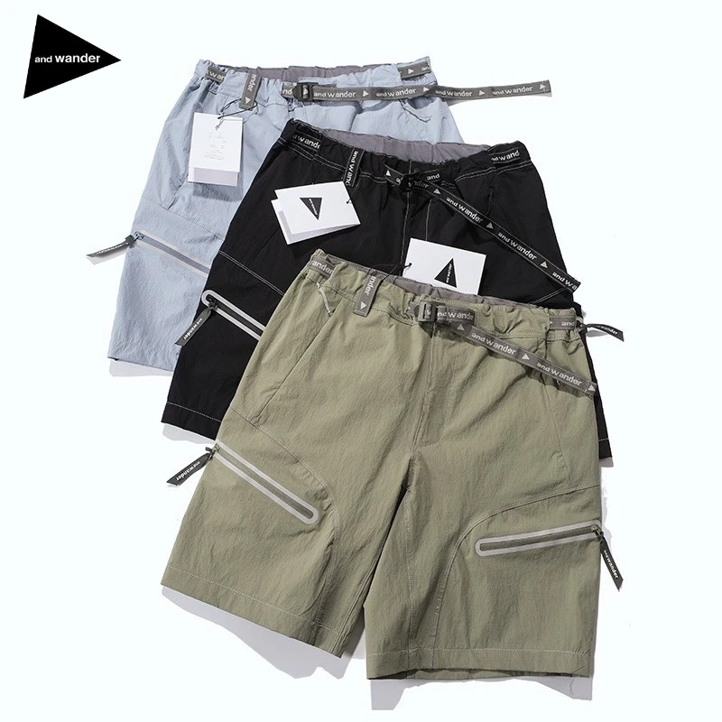 And Wander Techwear Multi Pocket Cargo Shorts Quick Dry Reflective Zipper Outdoor Hiking Half Pants Mesh Lining Casual Bottoms