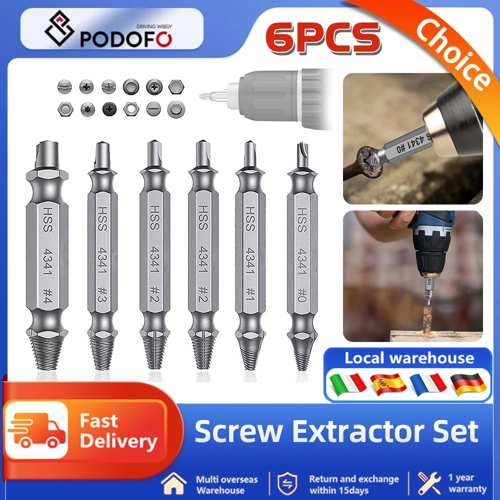 Podofo 6PCS Damaged Screw Extractor Drill Bit Stripped Broken Screw Bolt Remover Extractor Easily Take Out Demolition Tools