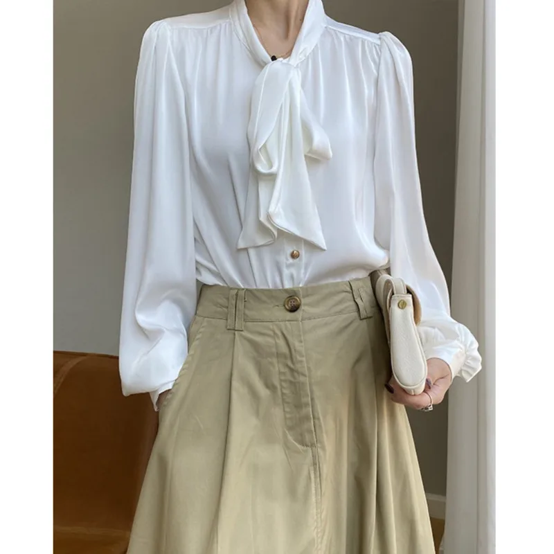 Spring Satin Bow Ribbon Blouses Women Stand Collar Single Breasted Loose Elegant Shirts Tops