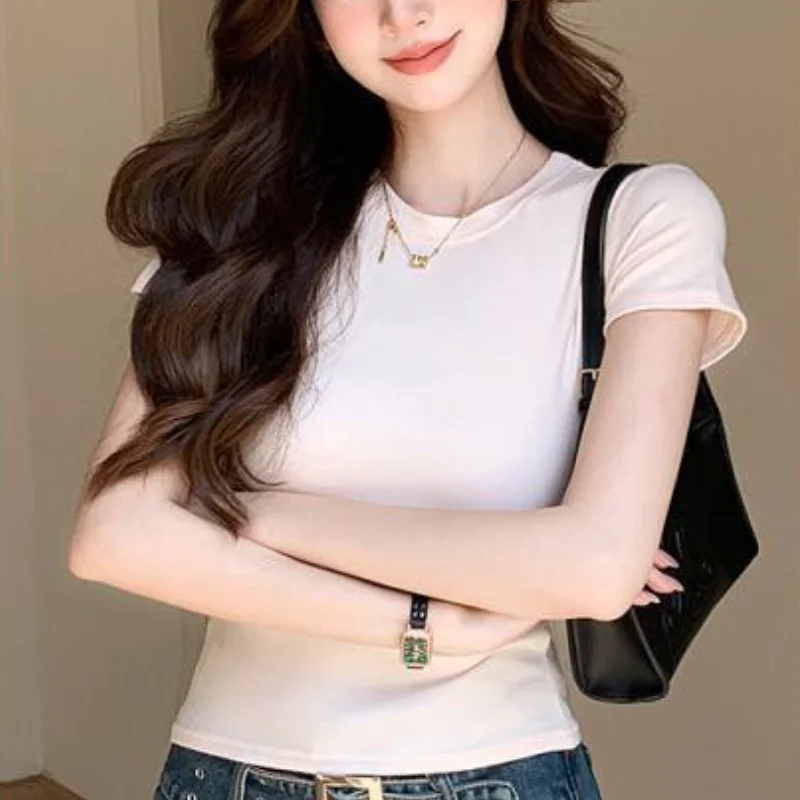 

Korean White Slim Fit Short Sleeved T-Shirt Summer Round Neck Shoulder Top Women's Fashionable Versatile Short Sleeved Shirt