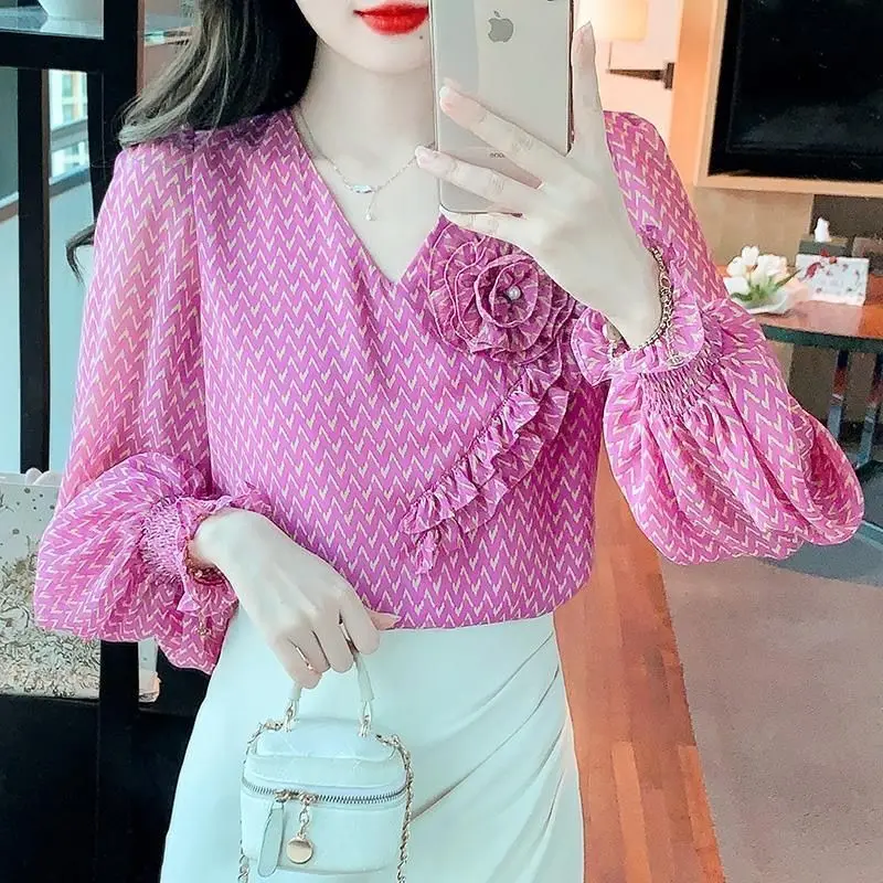 Spring Autumn Women Fashion Print 3D Flower Design Sweet Blouses Female V Neck Long Sleeve Chiffon Shirts Chic Elegant Slim Tops