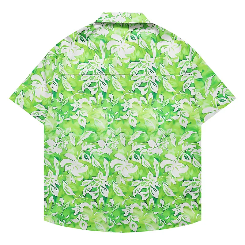 Men Shirts Summer Thin Half Sleeve Shirt Green Flower Pattern Top Casual Loose Fashion Clothing Refreshing Beach Style Top