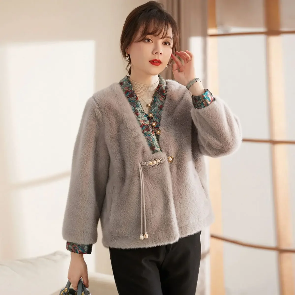 

Long Length Imitation Mink Whole Mink Fur One-piece Coat New Chinese Style le Gold Mink Fur Coat for Women Mid to