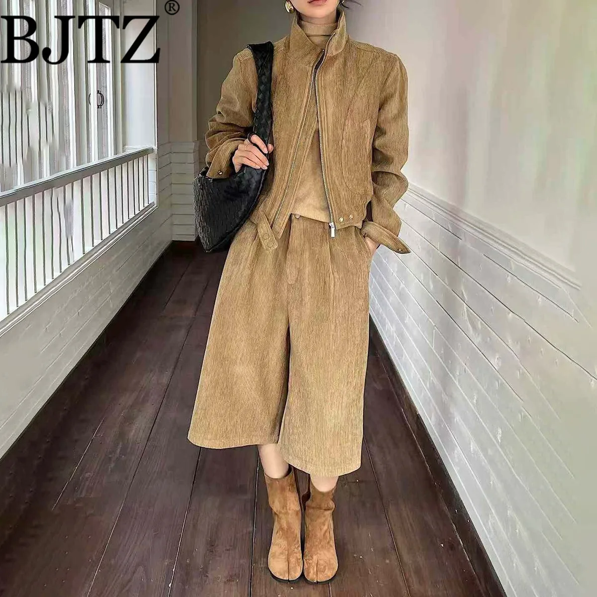 

BJTZ Women’s 2025 New Vintage Loose Zipper Jacket & Wide Leg Cropped Pants 2 Piece Set Casual Spring Autumn Outfit