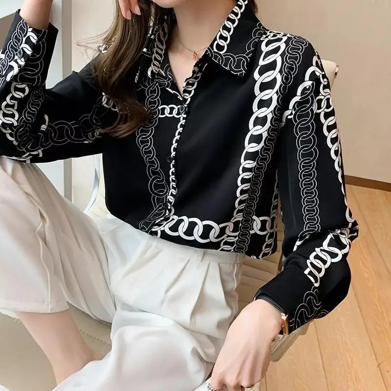 Casual Temperament Printing Single-breasted Blouse Women Classic Long Sleeve Office Fashion All-match Lady Chiffon Shirt