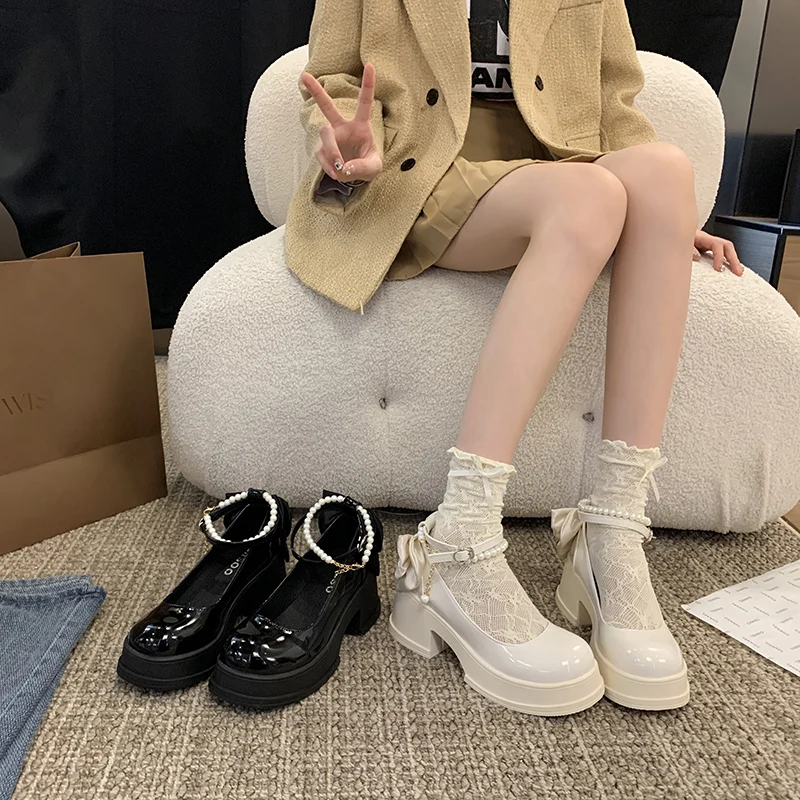 

Mary Jane oes Женский каблук с жемчужным узлом, увеличивающий летний новый Sle Faion Single oes с круглой головкой и резиновым вырезом...