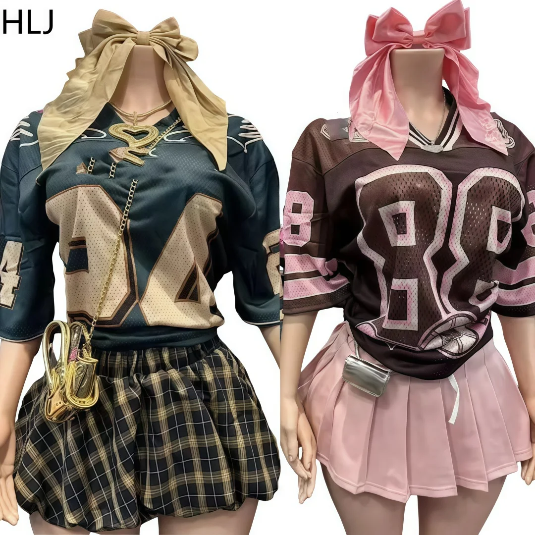 HLJ Pink A-line Pleated Skirts Fashion Two Piece Sets Women Letter Print V Neck Short Sleeve Loose Tshirt And Mini Skirt Outfits