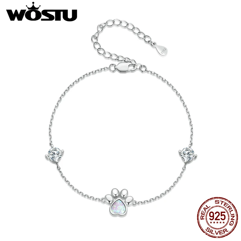 WOSTU 925 Sterling Silver Cut White Opal Cat Dog Paw Charm Bracelet For Women Lovely Girl Animal Chain Links Fine Jewelry Gift