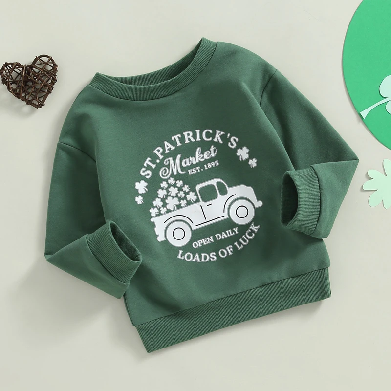 Toddler Baby Boy Girl St Patricks Day Outfit Lucky Clover Long Sleeve Sweatshirt Crewneck Shirts Pullover Top