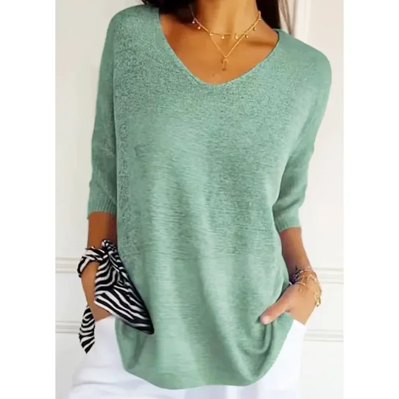 Women's Thin Sweater Knitwear Solid Color Knitted V-neck Tops Basic Loose T Shirts Three Quarter Sleeve Casual Bottoming Shirt