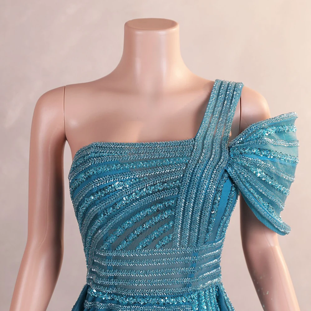 Sparkly Sequined Evening Dresses Blue Tulle One Shoulder Beading Sexy High Split Formal Party Prom Gowns A Line Robe De Soiree