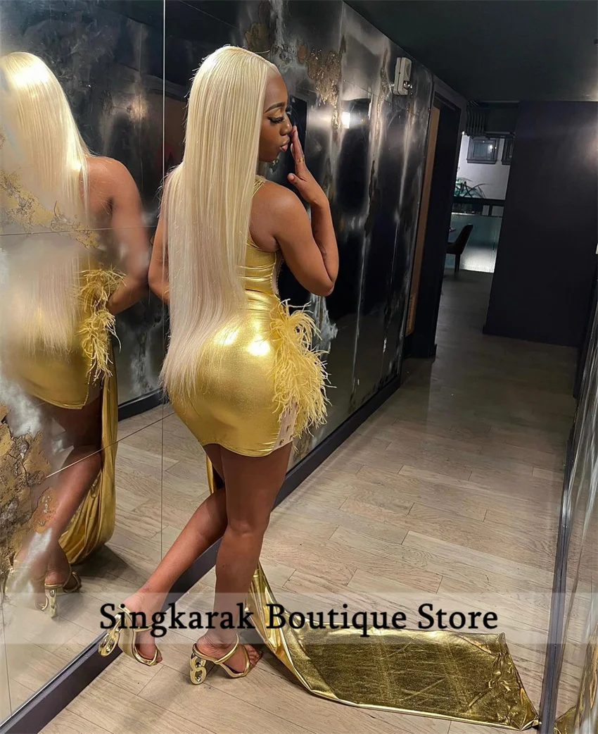Glitter Golden Birthday Party Dress For Black Girl Short Prom Dress Crystal Beading Cocktail Dress Feathers Homecoming Customize