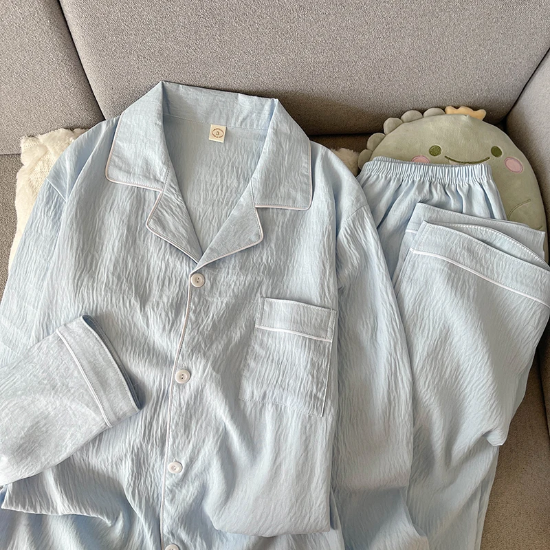 خريف جديد الصلبة بسيطة الرجال منامة مجموعة حجم كبير التلبيب الرقبة طويلة الأكمام 2 قطعة بيجامة رجالية عادية لينة المتضخم المتسكعون