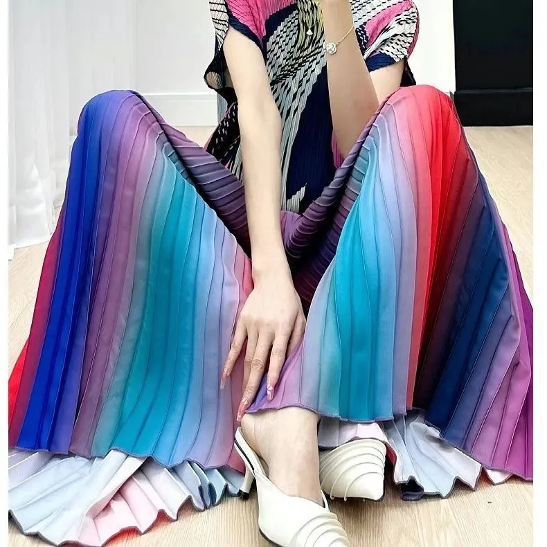 Chic Gradient Pants For Women's Summer Trousers High Waist Wide Leg Pants Vintage Fashion Pleated Trousers 2026 New Bottoms