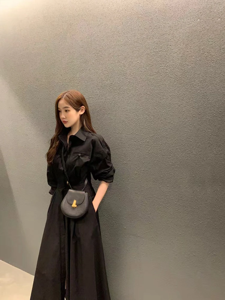Ele Long Sve irt Dr Women's Korean Sle Spring High Waist Slim Fit A-Line Knee-Length Dr with Turn-down Collar