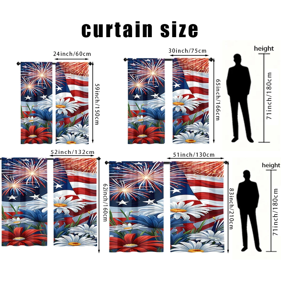 2PCS Independence Day Fireworks National Flag Flower Printed Curtains with Rod Bag Design, Suitable for Bedroom and Living Room