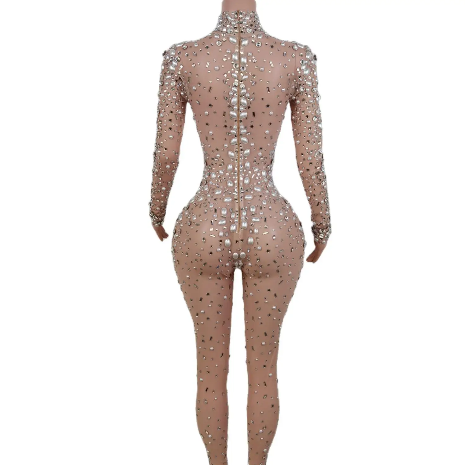 Evening Birthday Celebrate Sexy Rompers Prom Party Singer Costume Show Wear Big Pearl Bling Silver Stones Mesh Jumpsuit Tiaoliao