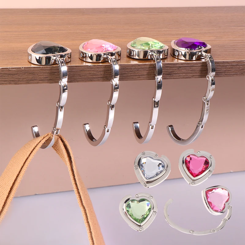 Heart Shaped Folding Crystal Handbag Hook Bag Hanger Portable Foldable Table Hook Organizer Table Side Hooks Bag Accessories