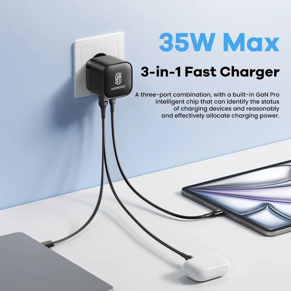 Chargeur USB C GaN ASOMETECH 35W avec câble rétractable de Type C 3 USB PD3.0 QC3.0 PPS chargeur USB rapide pour iPhone 17 iPad Samsung