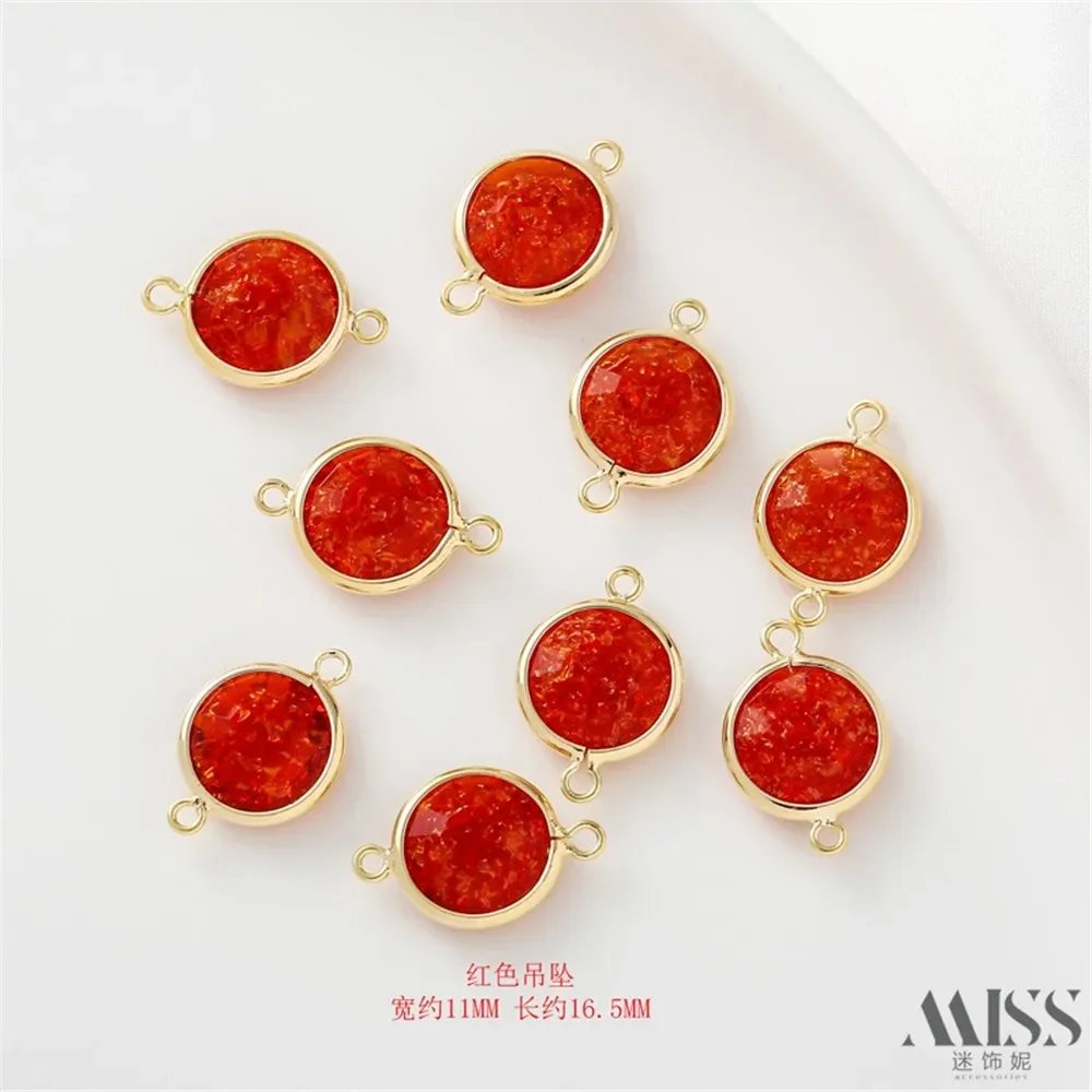 Sac en faux verre doré 18 carats, pièce de connexion à double trou à bord doré, matériau fait à la main, pendentif rond polyvalent en verre rouge.