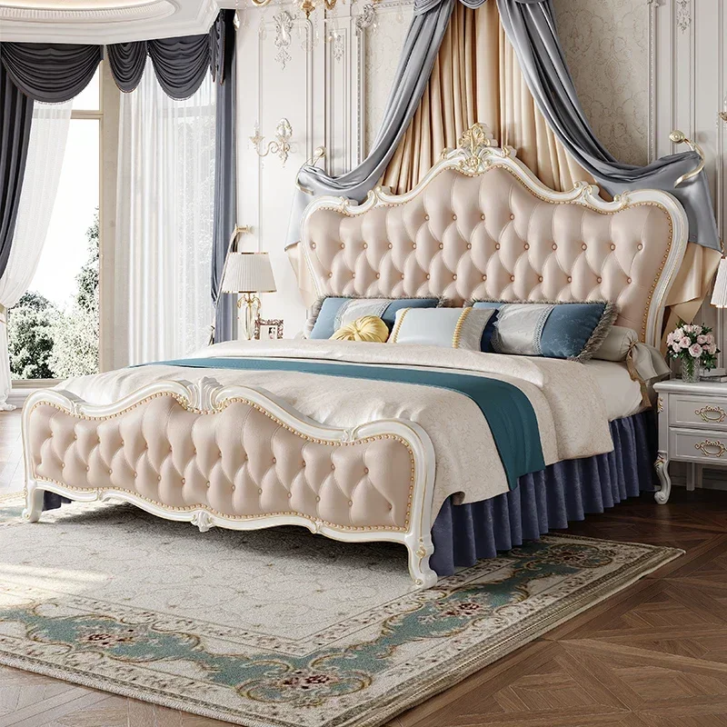 French Style Leather Pretty Bed Twin Luxury Modern Bedroom Queen Bed Wood Comferter Leather Cama Matrimonial Furniture Home