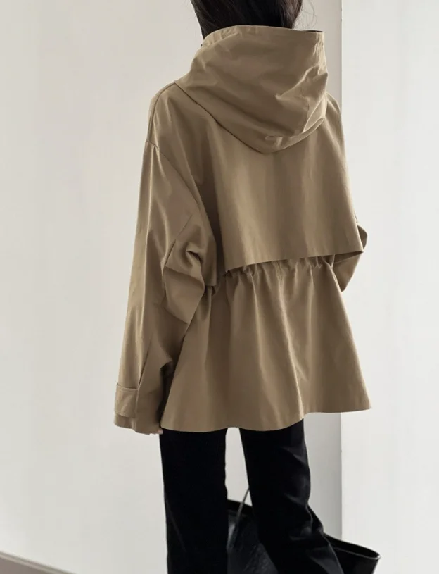 Urban Style Hooded Windbreaker Jacket for Women 2024 Autumn Winter Solid Color Temperament Commuting Jacket Coat