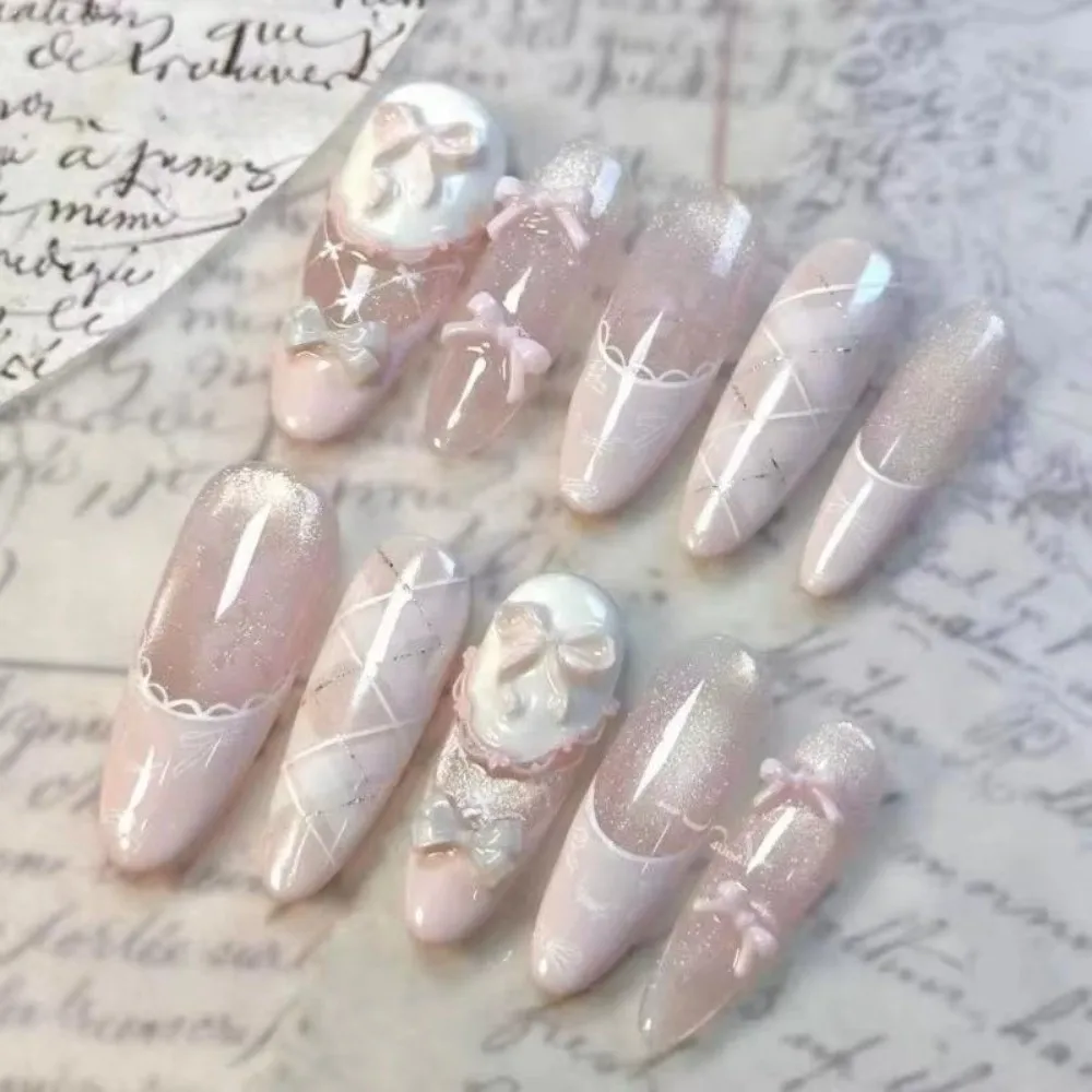 New Long Coffin Press On Nails Cat Eye with Butterfly False Nails Diamond Pearl French Handmade Nails