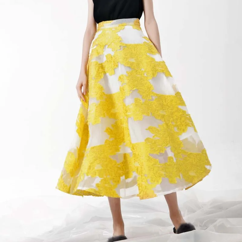 HKSH Women's Elegant A-line Skirt Three-dimensional Embroidery Mesh Color Block Draped High-end Skirts New Spring Summer HK19482