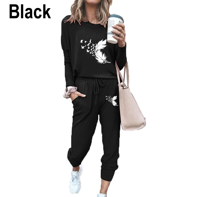 Newest Trending Women Feather Print Tracksuit Fashion Sportswear 2pcs Outfits Womens Top+Pants Jogging Suit
