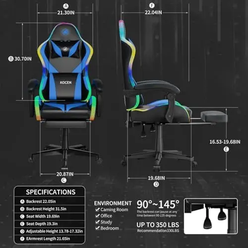 Gaming Chairs for Adults Tall and Kids，Lumbar Support,LED Lights，High Back Reclining Computer Chair with Headrest