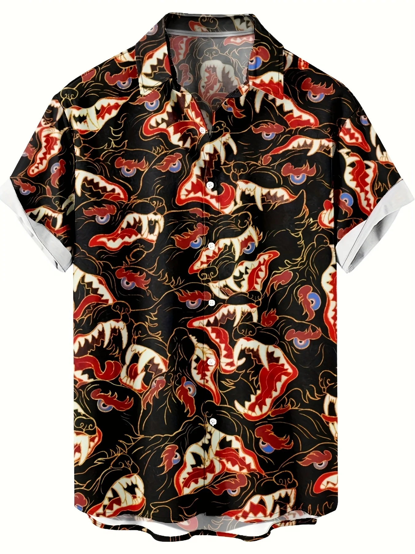 Men Monster Fangs Eye Graphic Print Turn Down Collar Short Sleeve Shirt Black‑Base Street Party Top