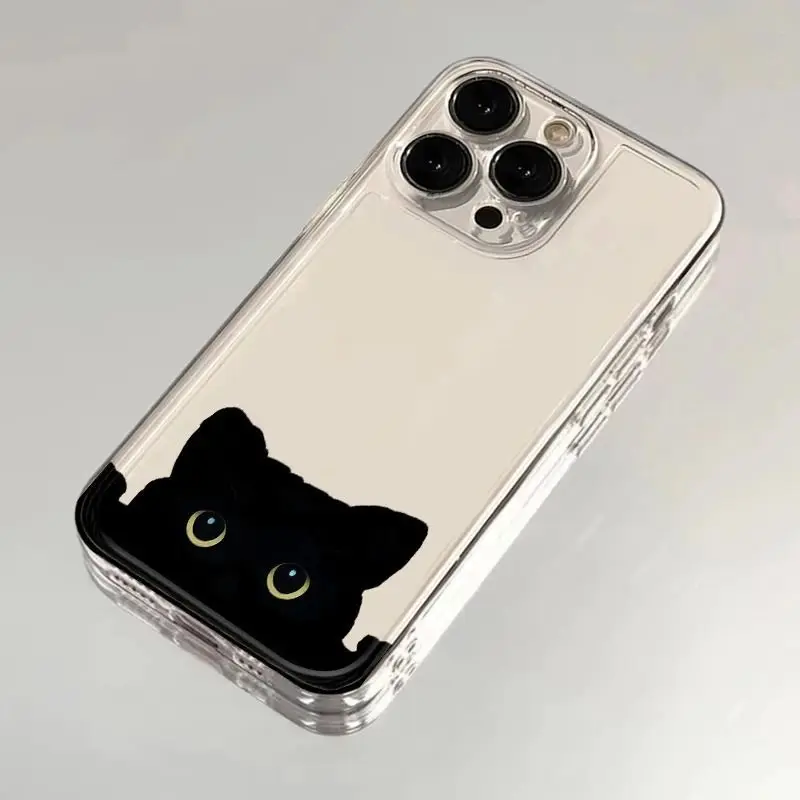 حافظة هاتف محمول لطيفة على شكل قطة سوداء مناسبة لهاتف iPhone17Promax شفافة لهاتف Apple 16Pro Space 14/15