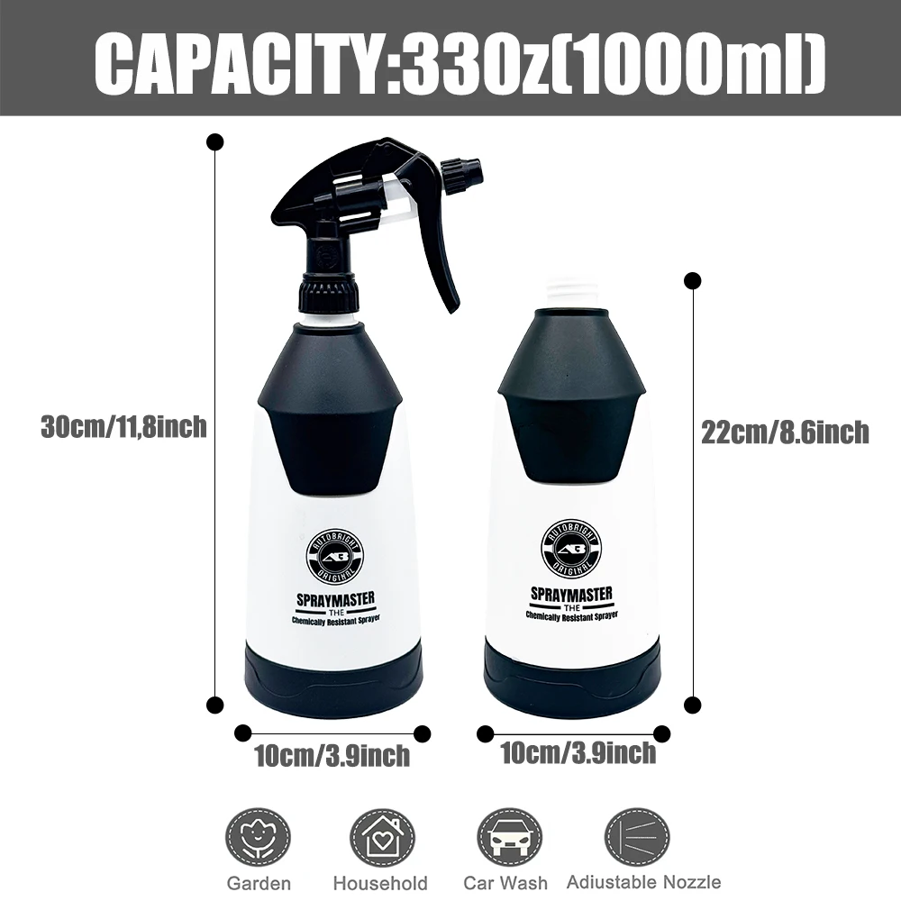 AUTOBRIGHT Säure- und Alkalibeständige Sprühflasche 33oz 1L Große Kapazität Multifunktionale Sprühflasche mit Verstellbarer Düse für Autoreinigung – Detail 2