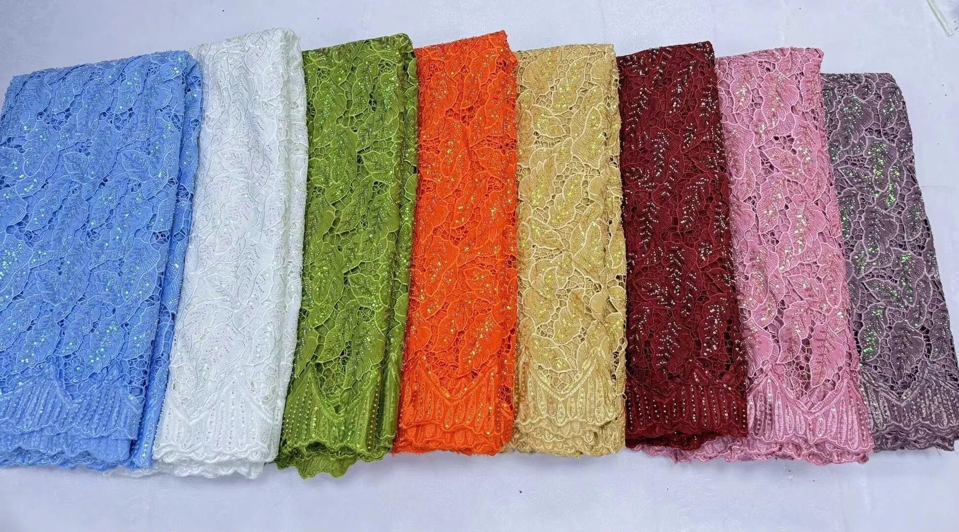 

2026 High Quality African Nigerian Sequins Cotton Embroidery Lace Fabric Tulle for Luxury Prom/Wedding Party Dress Chiffon 5Yard