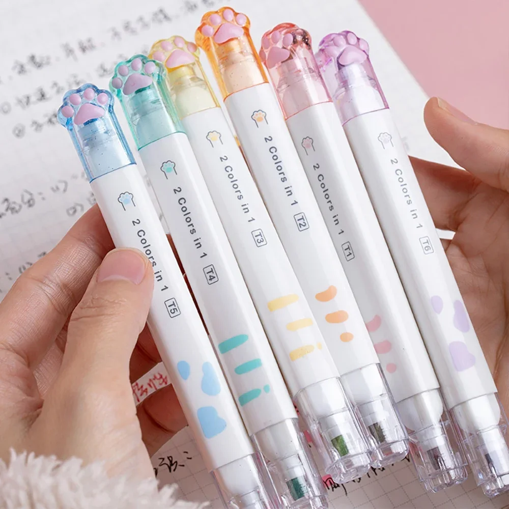 6pcs Kawaii Cat Claw Highlighters Double Head 12 Color Fluorescent Art Markers Korean Stationery Cute School Office Supplies