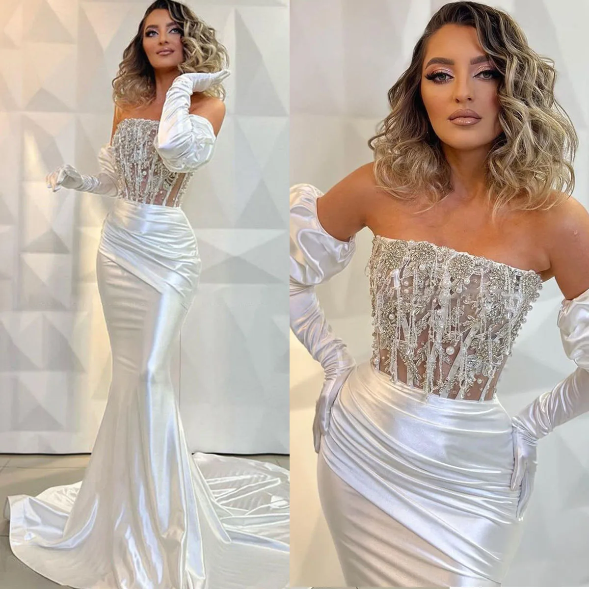 

Princess Mermaid Wedding Dresses Strapless Beads Pearls Bridal Gowns Custom Made Lace-Up Back Sweep Train vestidos de novia