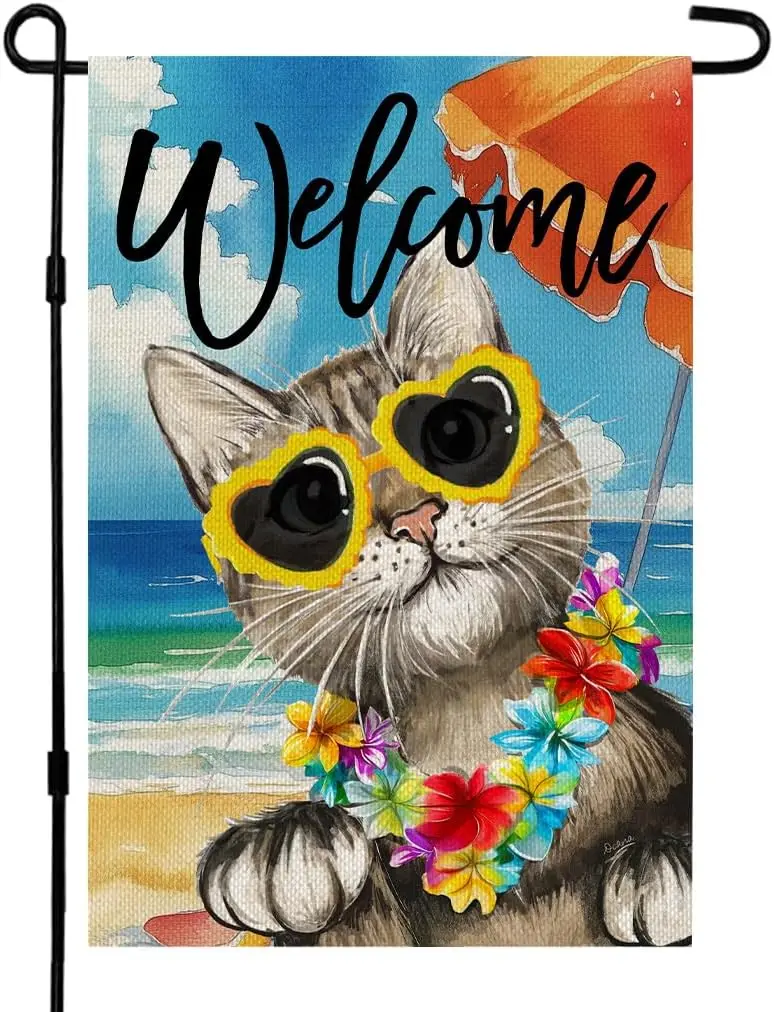CROWNED BEAUTY Summer Garden Flag Cat Double Sided 12x18 Inches Small Burlap Seasonal Welcome Yard Decoration for Outside Po hhz