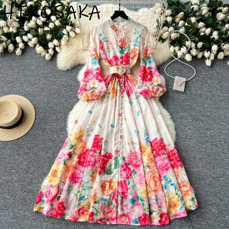 Stand Collar Single Breasted Lantern Sleeve Dress Fresh Floral Print Sweet Vestido Mujer Belt Slim Waist Big Swing Panelled Robe