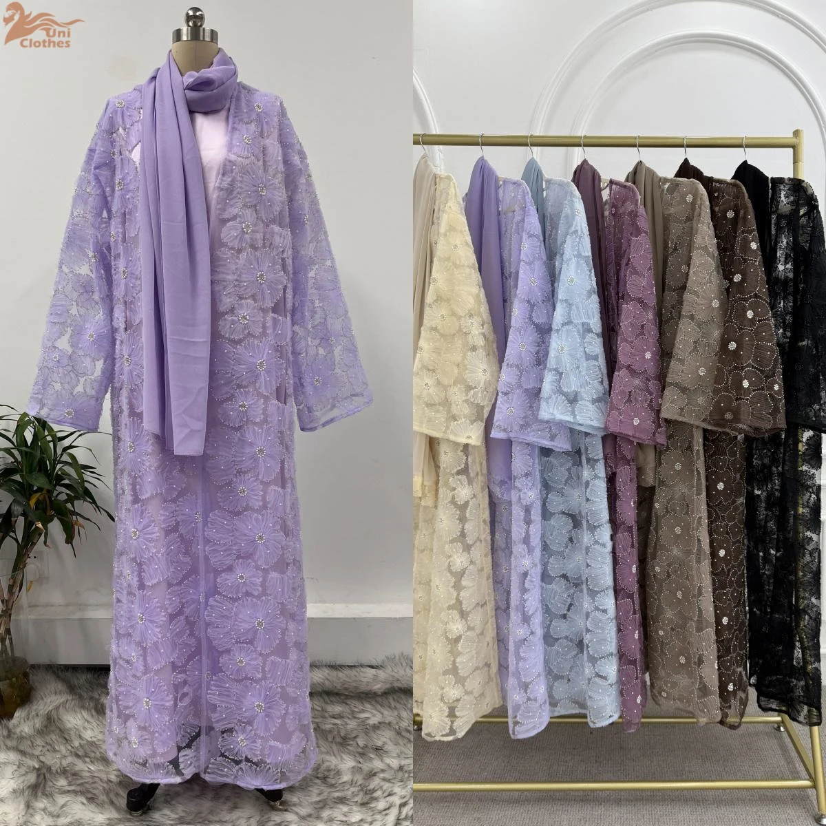 Islamic Clothing Luxury Handmade Abaya 2025 Lace 3D Textured Floral Pearl Beaded Open Abaya Women Muslim Dress 3PCS Abaya Sets