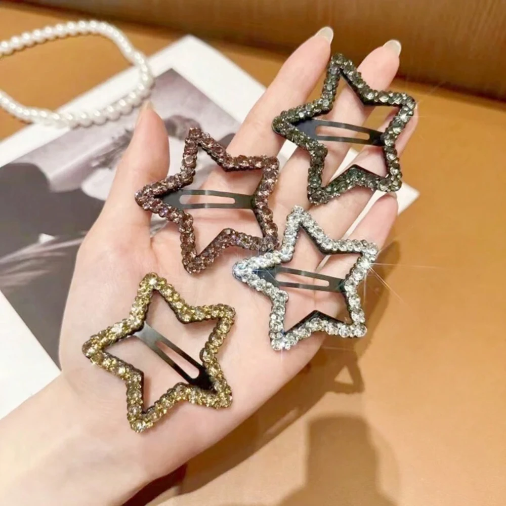 4Pcs Fashion Shiny Rhinestone Hair Clips, Simple Five-Pointed Star/Heart/Wave Hair Accessories, Snap-On Hair Clips Headdress view 4