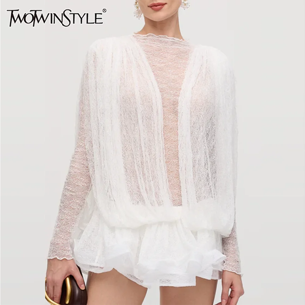 TWOTWINSTYLE Solid Loose Mini Dresses For Women O Neck Long Sleeve High Waist Temperament Mini Dress Female Fashion Style