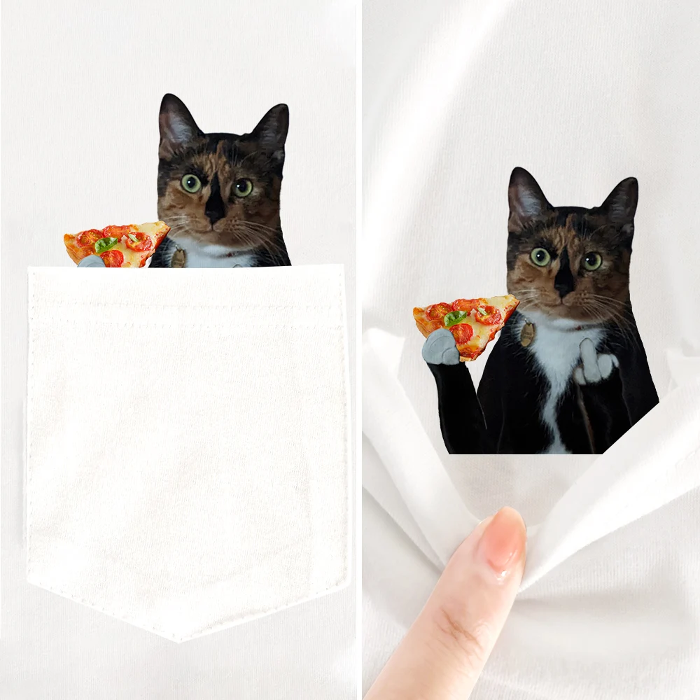 CLOOCL Animal T-Shirt Funny Cat With Pizza Pocket Sticker Printed T-shirt White 100% Cotton Tees Mens Women Shirts Hip Hop Tops