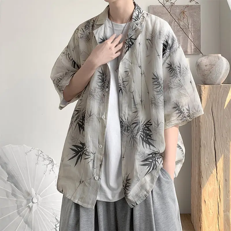 Vintage Gray Bamboo Y2K Print Shirt for Men Button Up Short Sleeve Blouse Japanese Handsome Harajuku Tops Loose Oversized Summer