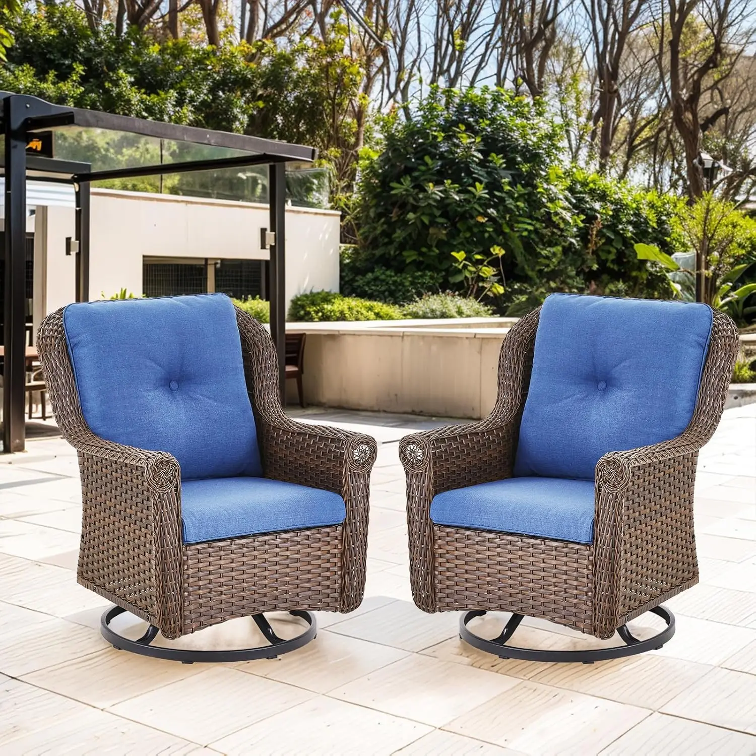 Set 3PCS Conversation Set 2 Swivel Glider Chairs with Rattan Patio Side Table Brown Wicker Blue Cushions Chrysanthemum